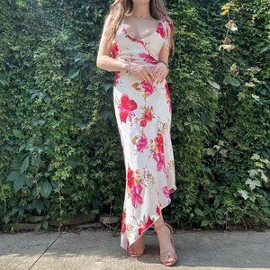 White and pink floral asymmetrical maxi dress